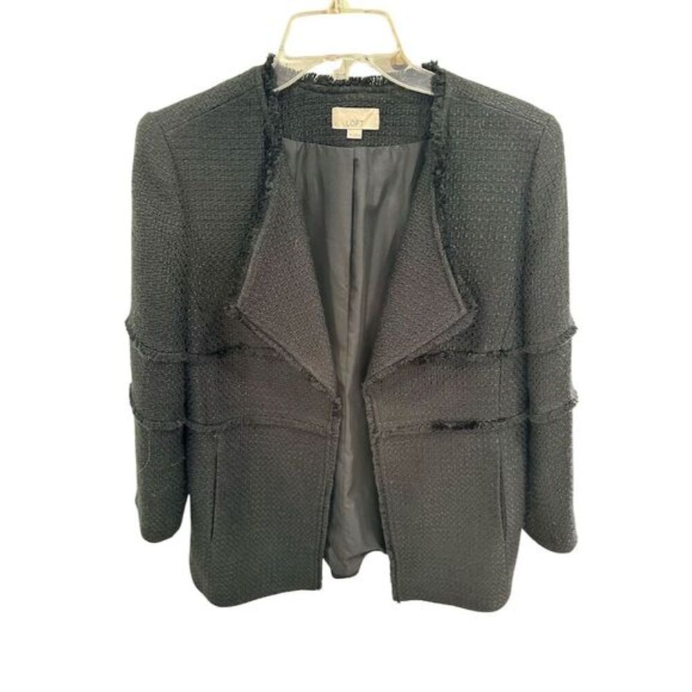 Loft Jacket Sz M Women's Black Fringe Tweed Open Front Casual